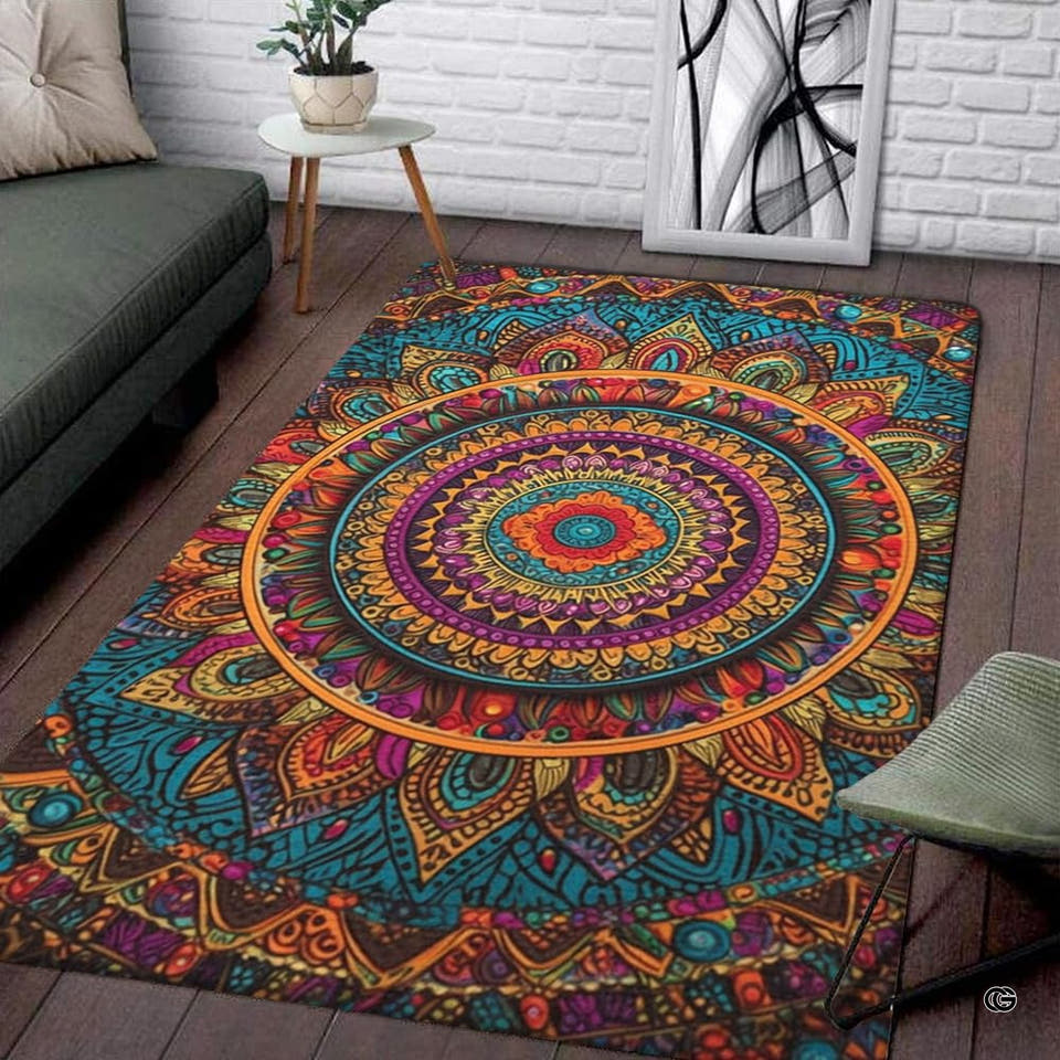Rectangular area rug with vibrant kaleidoscopic multi-color mandala pattern