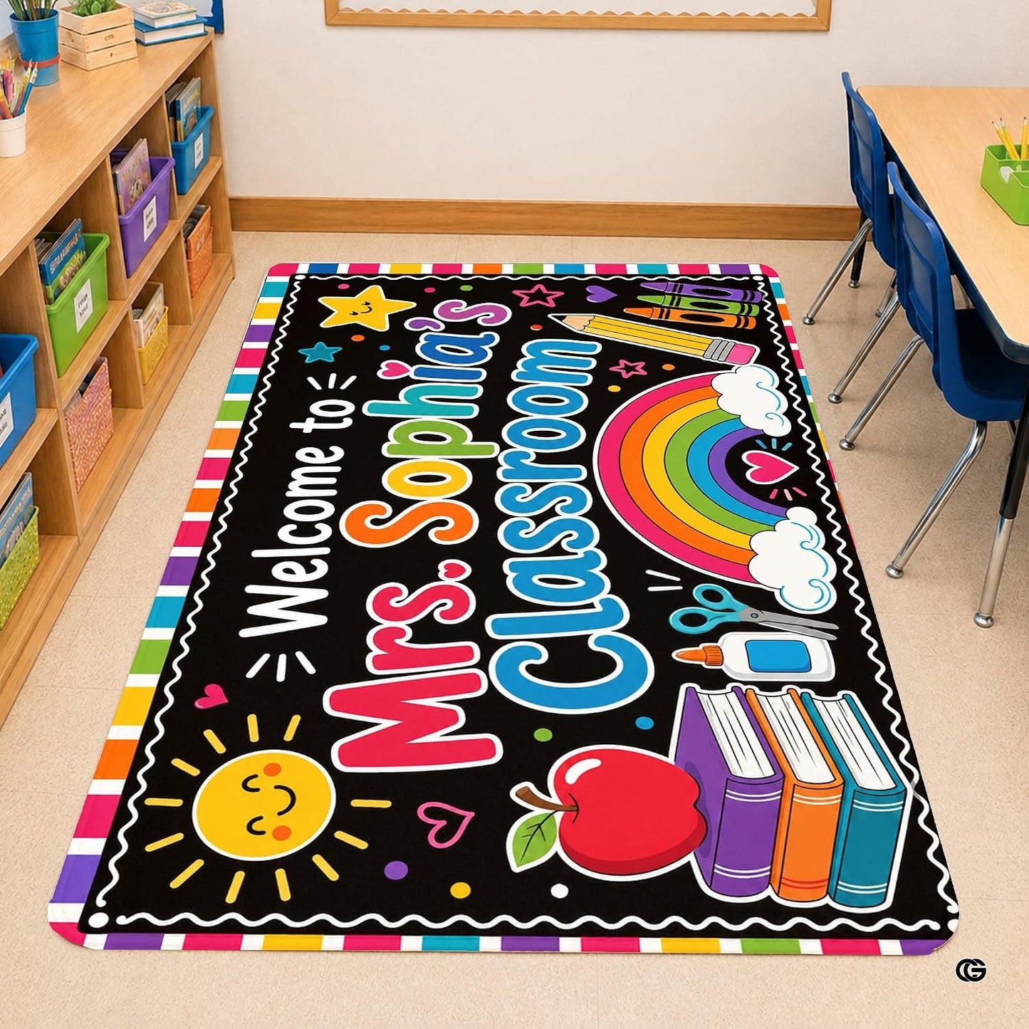 Personalized Teacher Classroom Rug, Custom Back to School Welcome Mat with Name, Kindergarten Preschool Elementary Decor, Composition Notebook Carpet (A09)