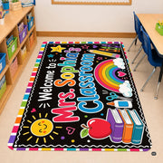 Personalized Teacher Classroom Rug, Custom Back to School Welcome Mat with Name, Kindergarten Preschool Elementary Decor, Composition Notebook Carpet (A09)