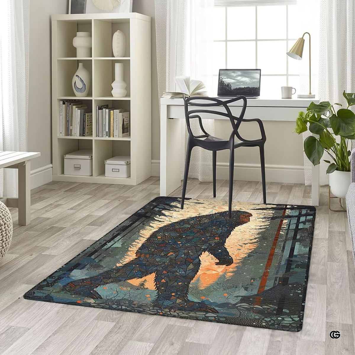 Home office desk setup with swivel chair placed over the geometric sasquatch forest area rug - image 5 of 5
