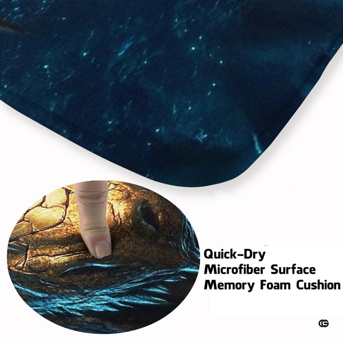 Close-up detail illustrating the golden dragon scales, glowing blue eyes, and microfiber pile