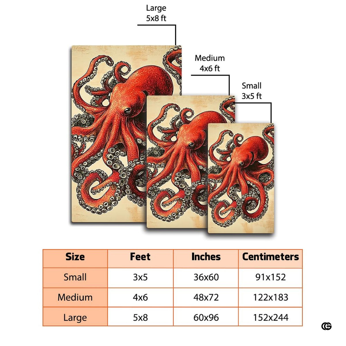Close view of detailed red-orange octopus tentacles and suction cups on parchment backdrop.