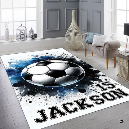 Soccer ball sports floor carpet displayed in cozy living room interior - thumbnail image 6 of 8