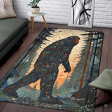 Living room setup with hardwood floor and white brick wall showcasing stained glass bigfoot rustic area rug