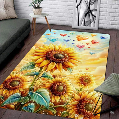 Sunlit interior setting featuring an elegant sunflower area rug paired with modern minimalist furniture. - thumbnail image 7 of 8