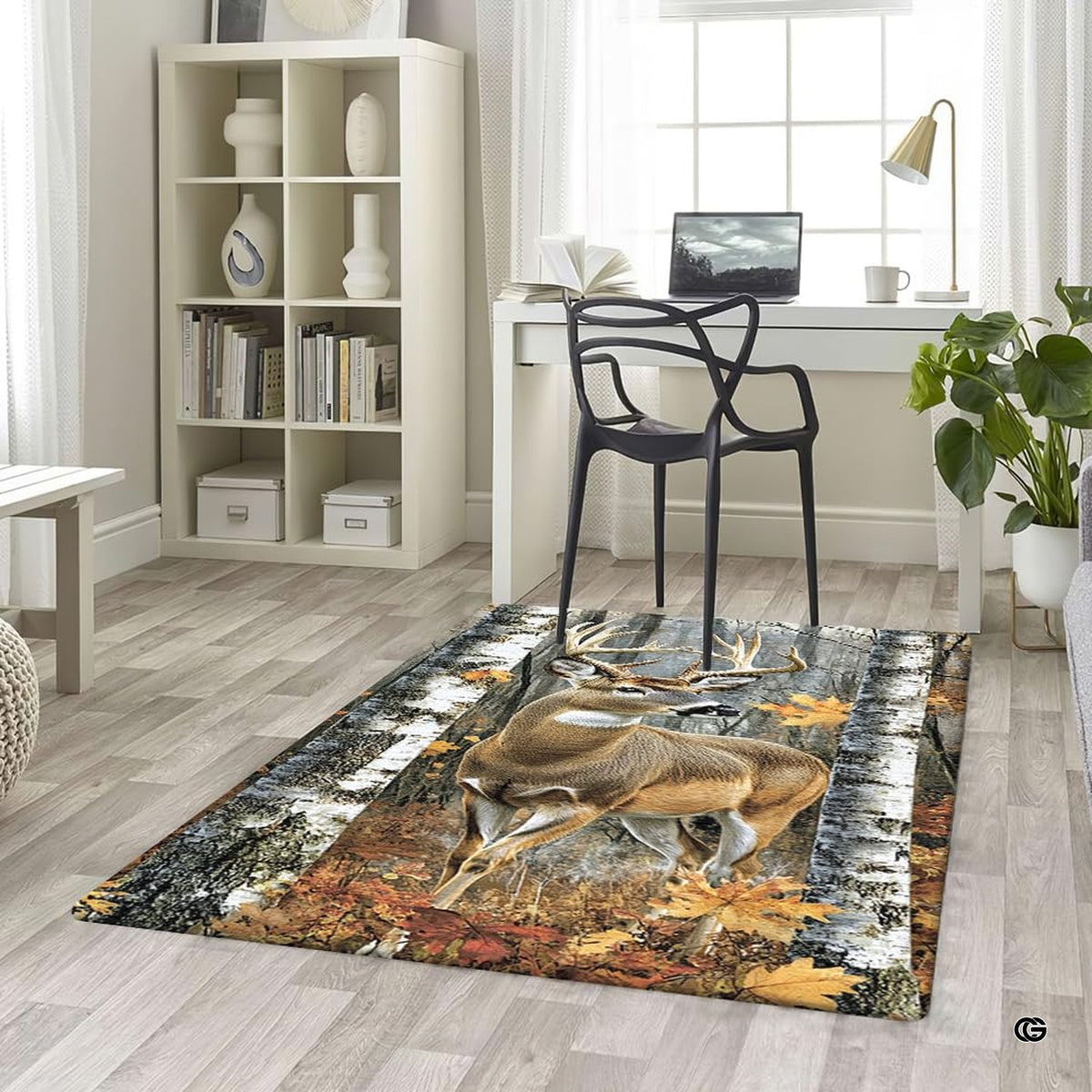 Overhead layout view of the rectangular whitetail buck autumn birch forest area rug