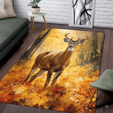 Majestic deer walking through golden autumn woodland leaves on an impressionistic scenic area rug design.