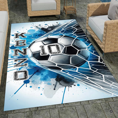 Chillgen soccer ball striking white goal net area rug with vivid royal blue and navy watercolor splash design. - thumbnail image 1 of 8