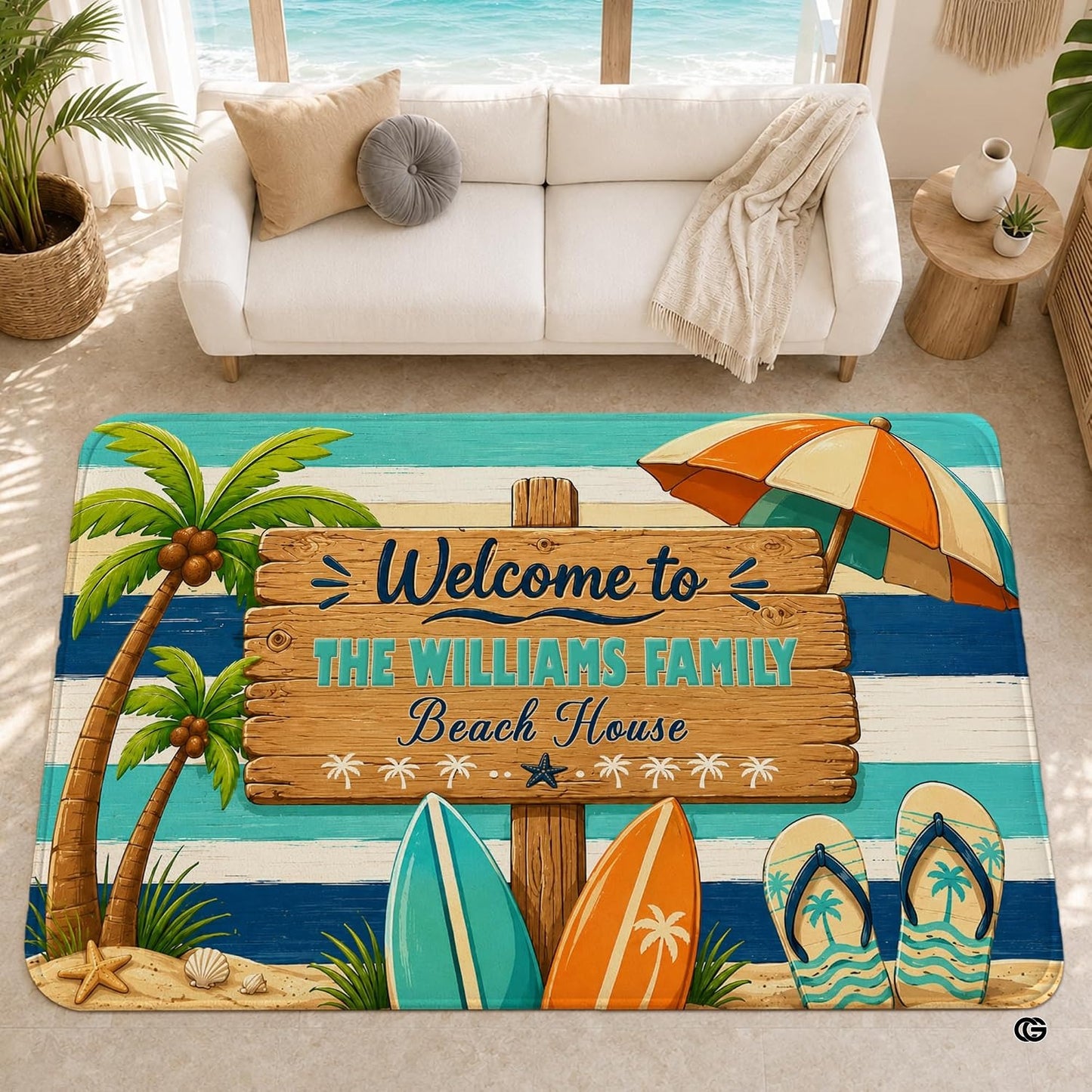 Personalized Tropical Beach Rug, Custom Family Name Tropical Outdoor Rug, Flamingo Surfboard Ocean Area Rug for Living Room, Patio, Beach House Decor, Design 05