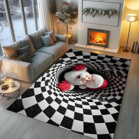 Top-down view of rectangular area rug featuring a 3D checkered vortex illusion depicting Santa Claus.