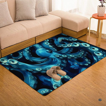 Deep sea octopus area rug styled in modern living room seating space - thumbnail image 5 of 7