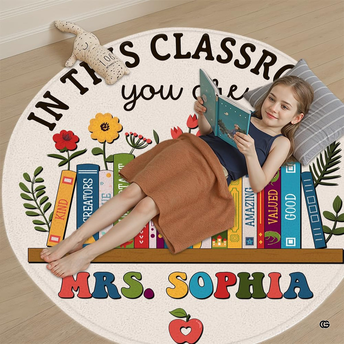 Educational circular area rug accenting a modern study room floor surrounded by neutral decor.