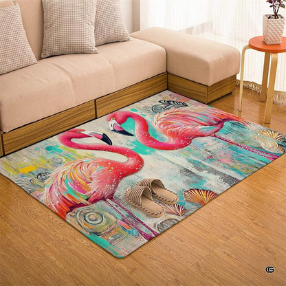 Bright beach house interior setup featuring the colorful flamingo seashell floor carpet - thumbnail image 6 of 7