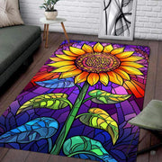 Artistic angle showing leaded stained glass design details, golden yellow petals, and emerald leaves on floor rug. - thumbnail image 7 of 8