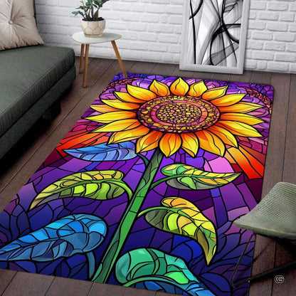 Artistic angle showing leaded stained glass design details, golden yellow petals, and emerald leaves on floor rug. - thumbnail image 7 of 8