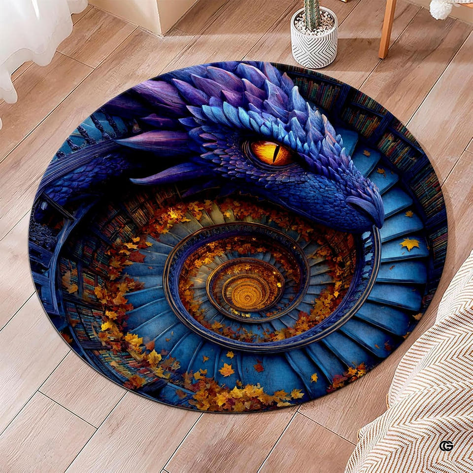 Round blue dragon and spiral library staircase area rug displayed on light wood flooring