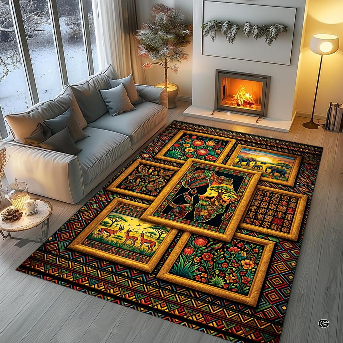 African gallery framed art collage tribal savanna area rug in primary perspective