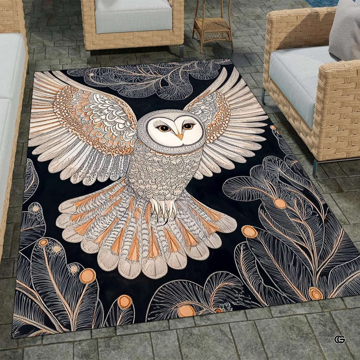 Barn owl rug showing an ornate flying barn owl with outstretched cream wings and botanical leaves on midnight blue.