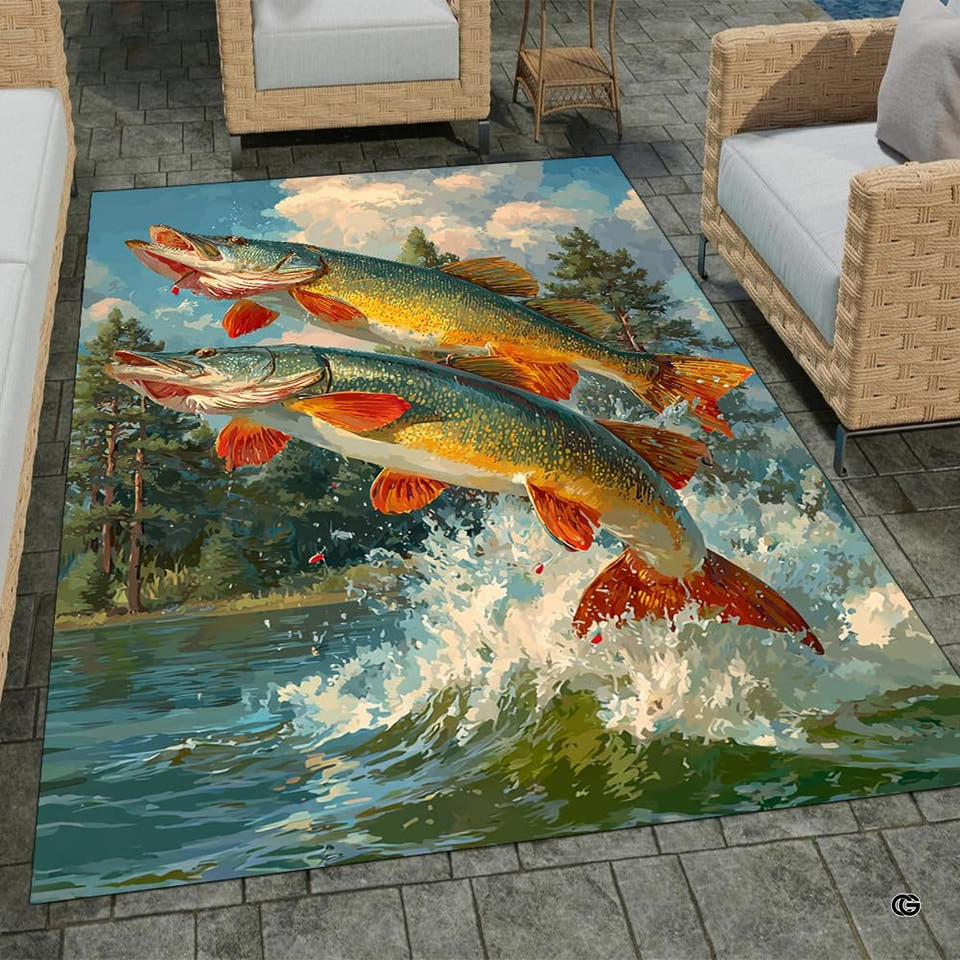 Scenic fish area rug displaying leaping pike fish over river rapids in a cabin living room setting.