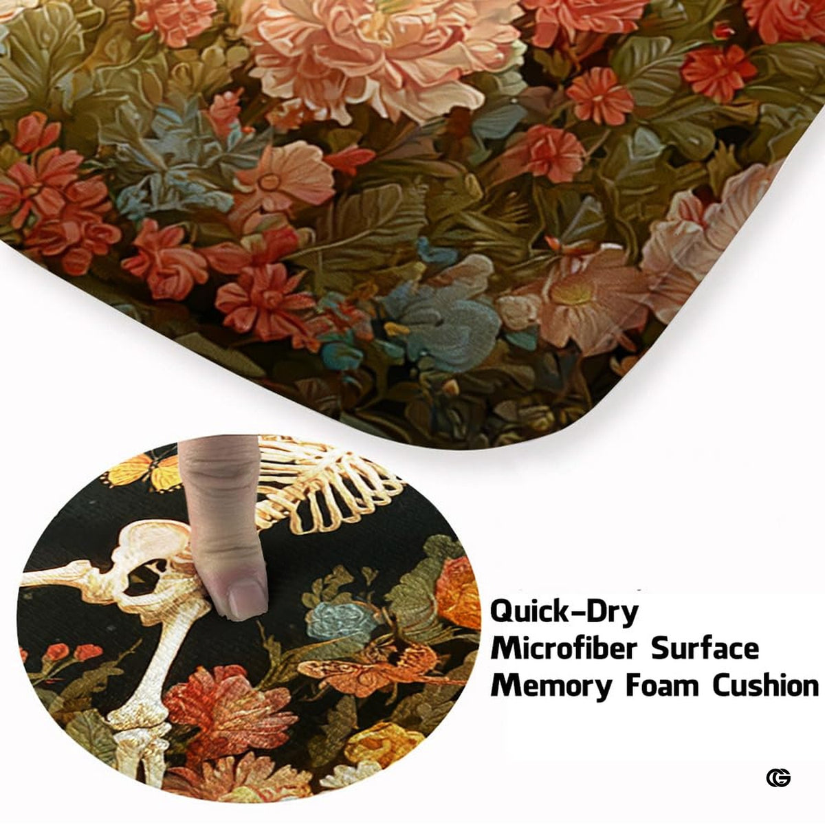 Infographic showing anti-slip dotted backing and durable fabric construction
