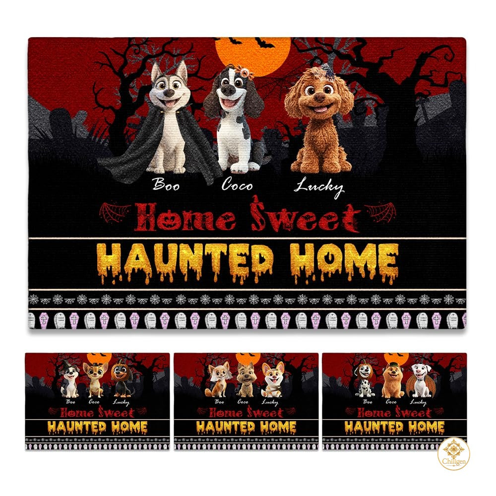 Custom Halloween Dog Doormat with Pumpkin and Bat Details - Style #3