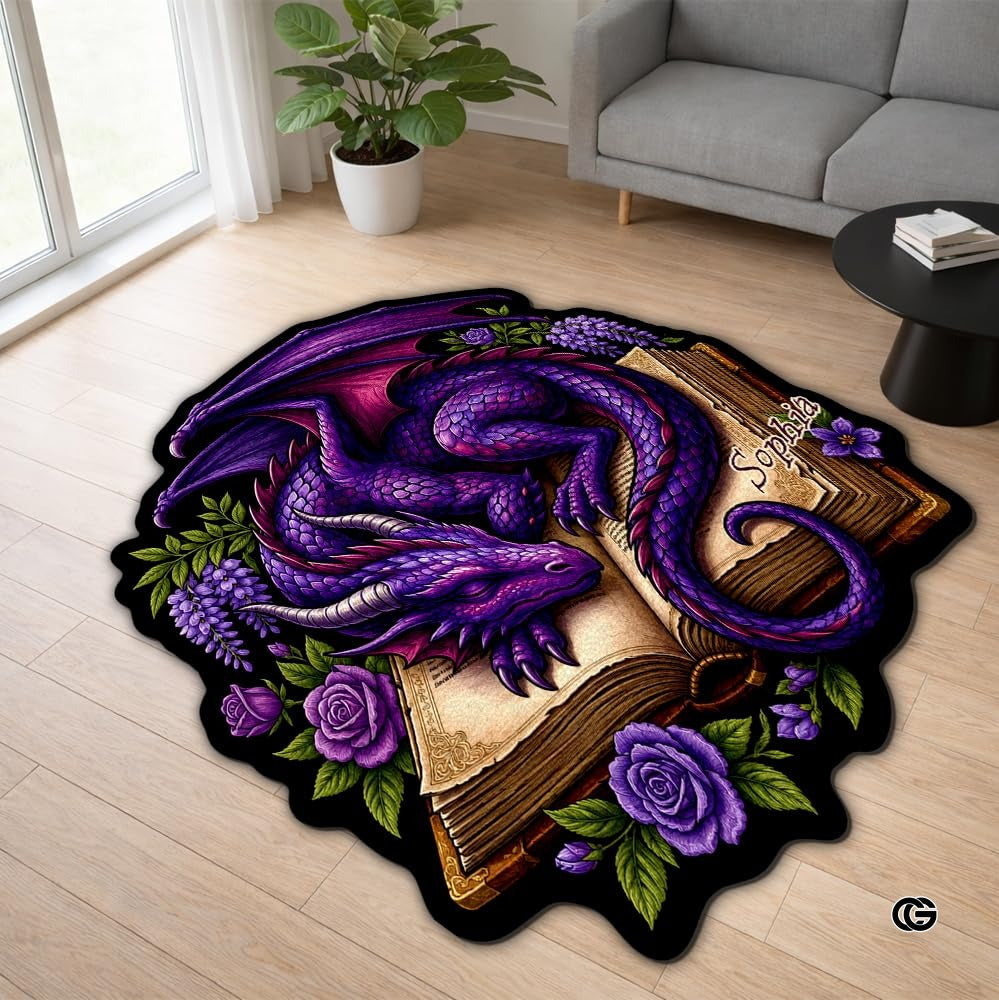 Custom Dragon Shaped Area Rug, Personalized Library Western Dragon Shaped Floor Mat Book Rug, Non-Slip Reading Room Carpet for Living Room, Bedroom, Dorm, Kids Room, Fans Lover (D6)