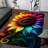 Rainbow spectrum sunflower living room area rug with vivid glowing petals