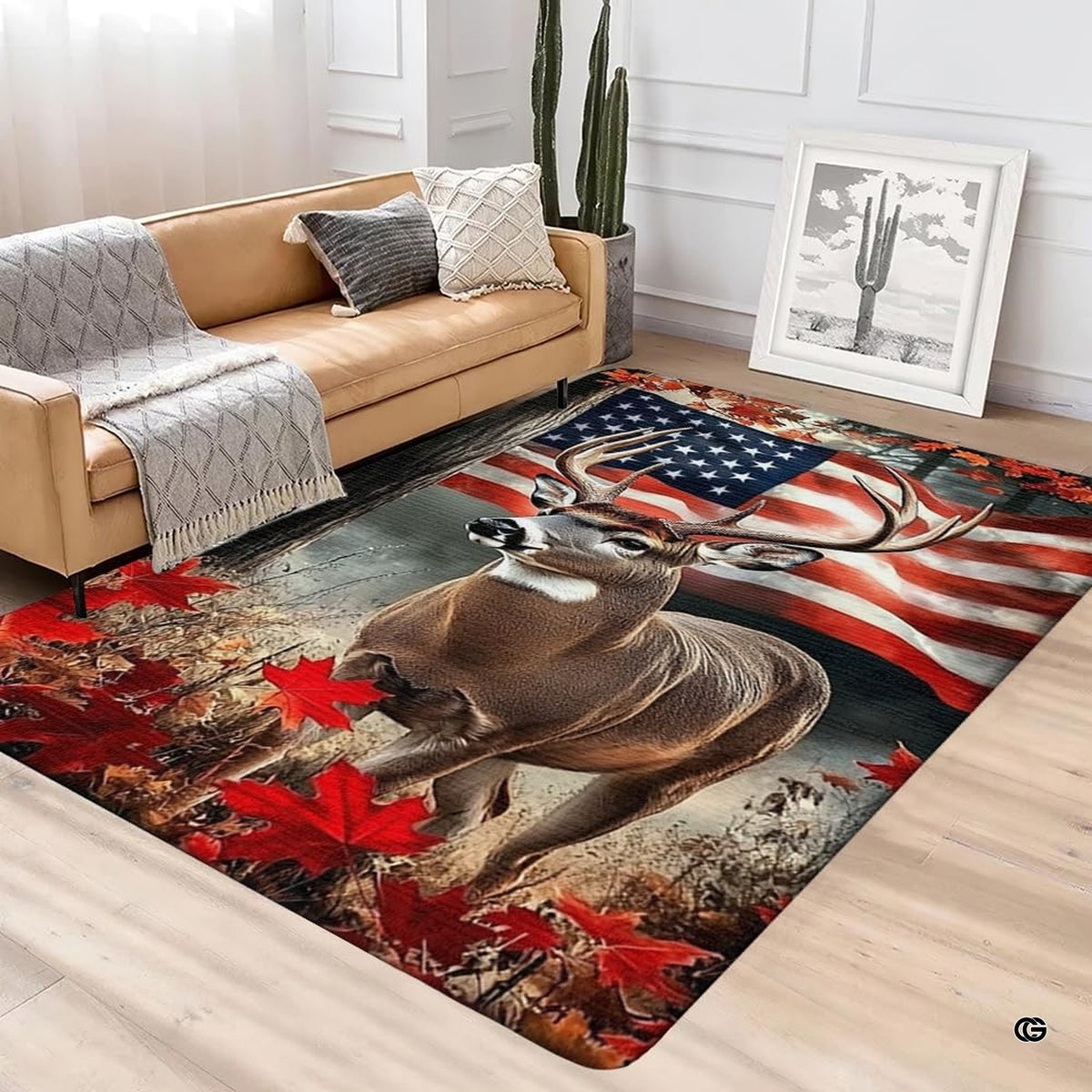 Room setting featuring a patriotic buck wildlife rug displayed as an attractive boys area rug for bedroom decor. - image 3 of 5