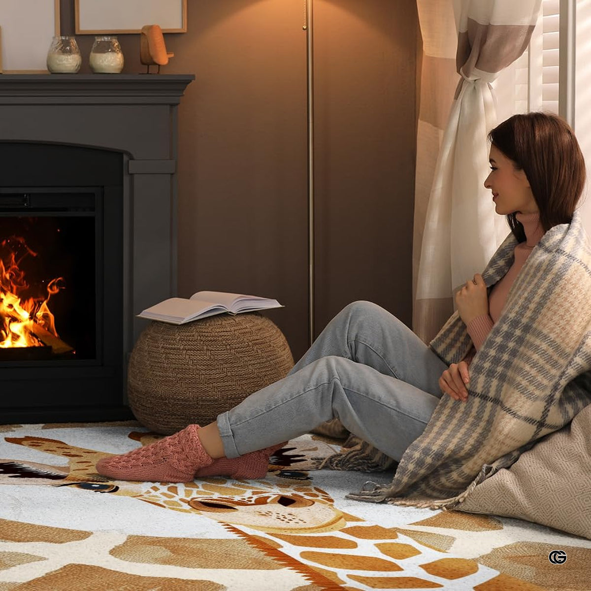 Sunlit living room fireplace setting displaying the modern giraffe area rug - image 6 of 7