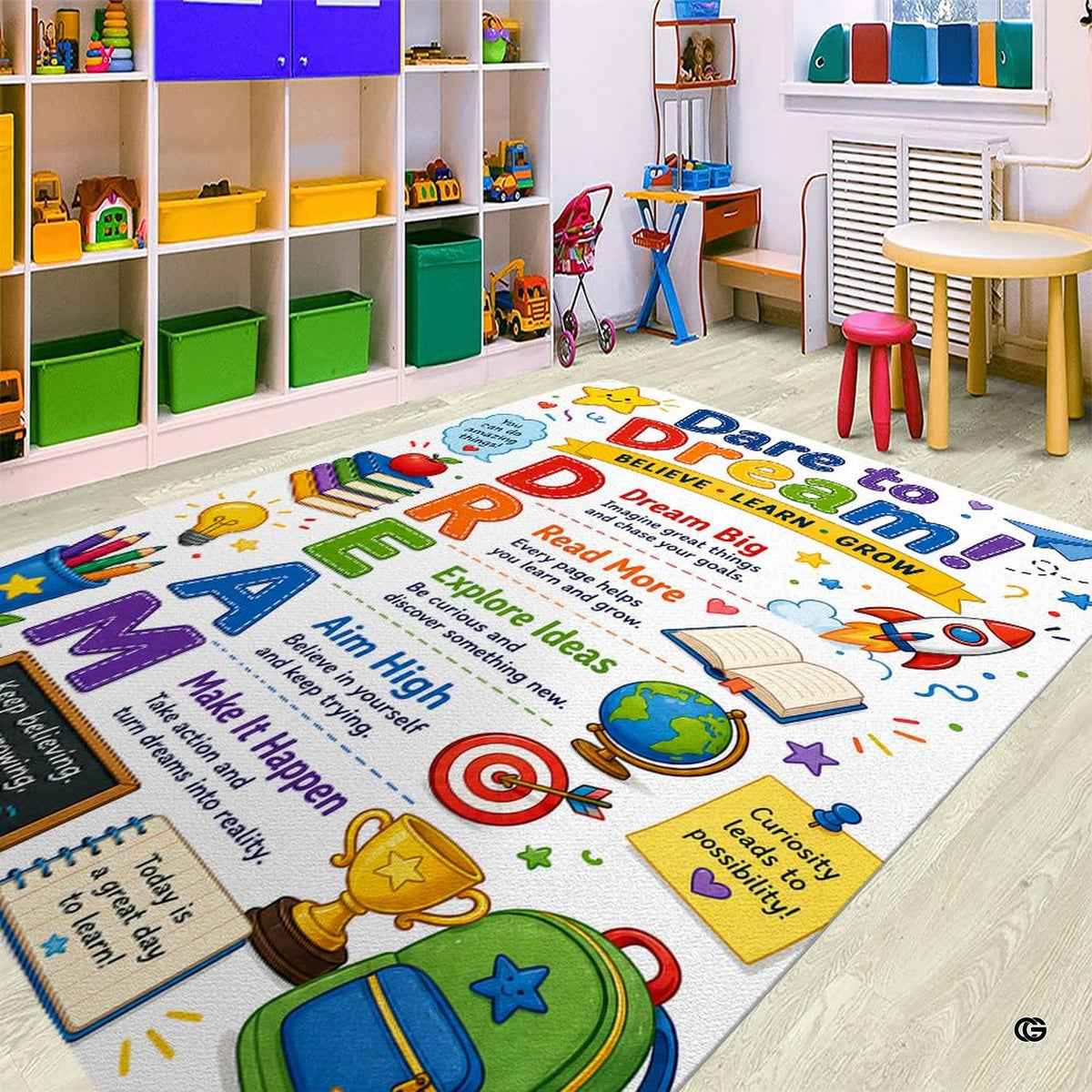 Anti-slip dot backing and clean hemmed edge stitching on classroom educational rug
