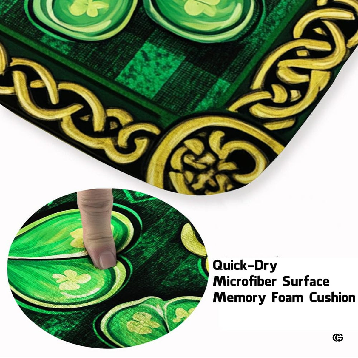 Soft low-pile microfiber fabric and foam cushioning detail of Celtic plaid rug