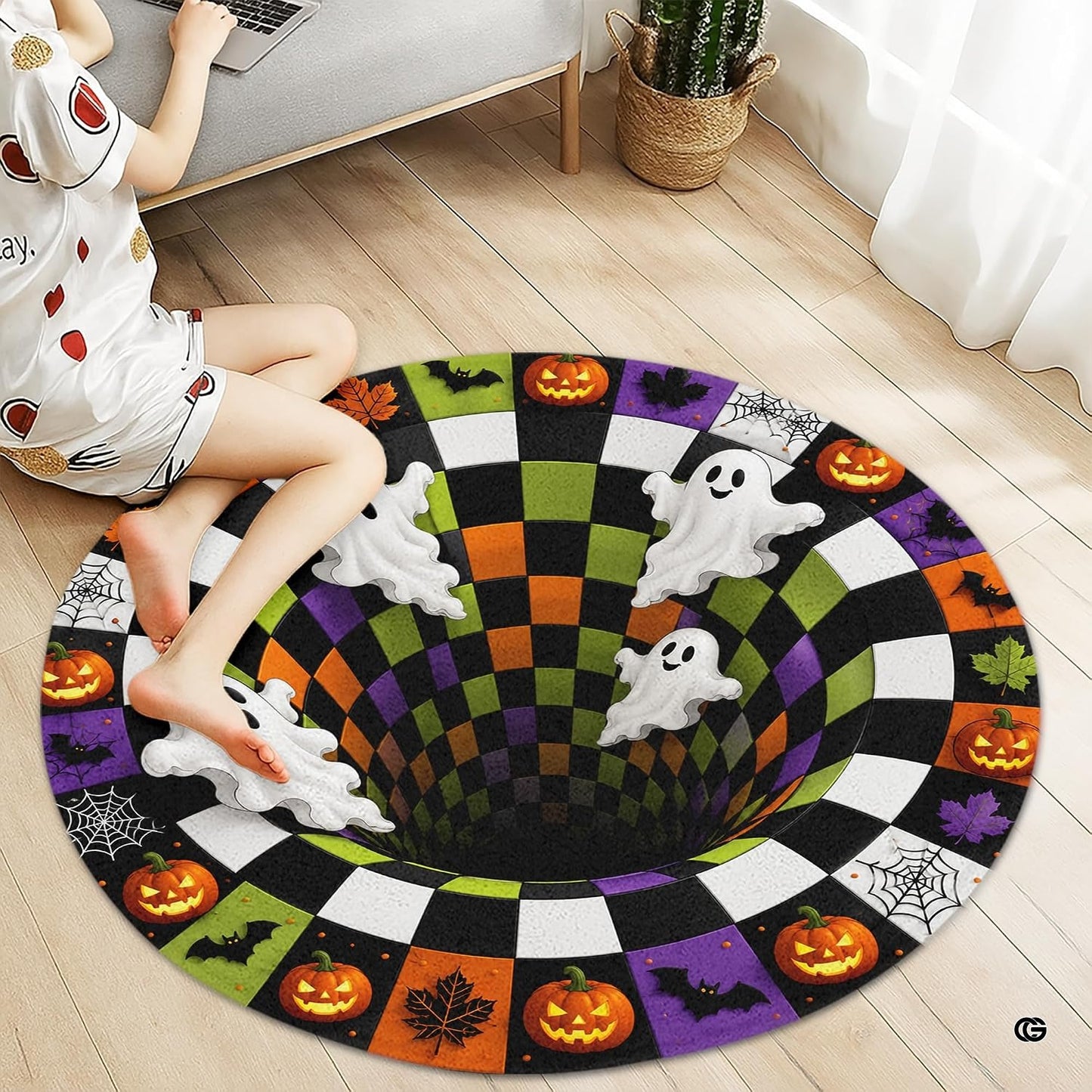 Custom Halloween 3D Optical Illusion Round Rug Skeleton Horror Area Rug (1, #1)