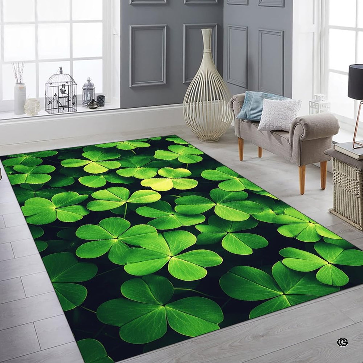 Bright contemporary sitting room interior showcasing the botanical clover area rug - image 6 of 8