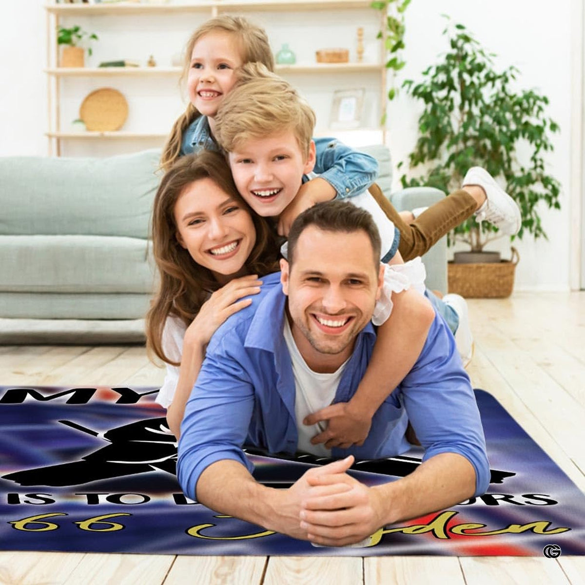Custom ice hockey goalie area rug styled in modern patio seating setup