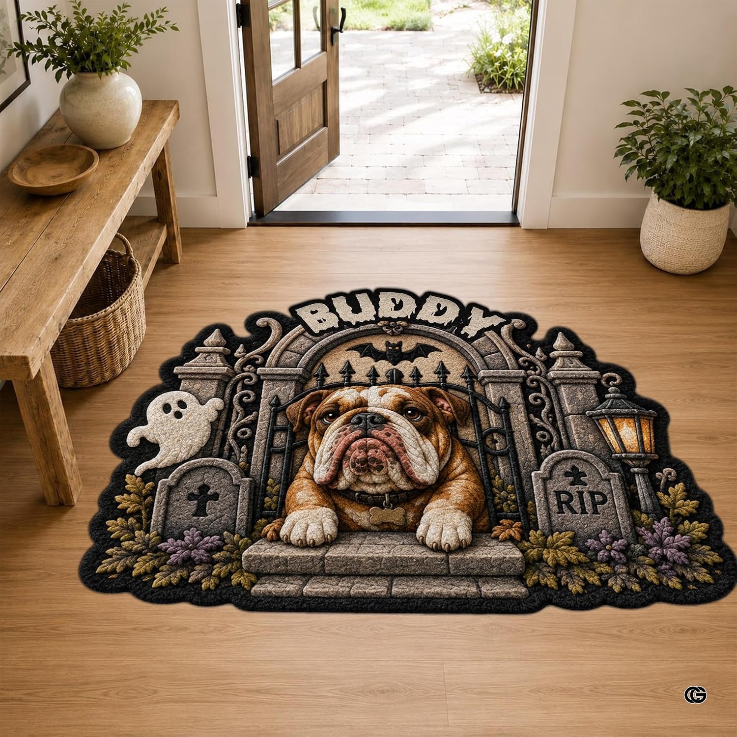 Custom Dog Photo Rug, Personalized Pet Portrait Area Mat Non Slip Indoor Door Rug for Dog Lovers, Welcome Home Decor Halloween (Spooky Graveyard Gate)