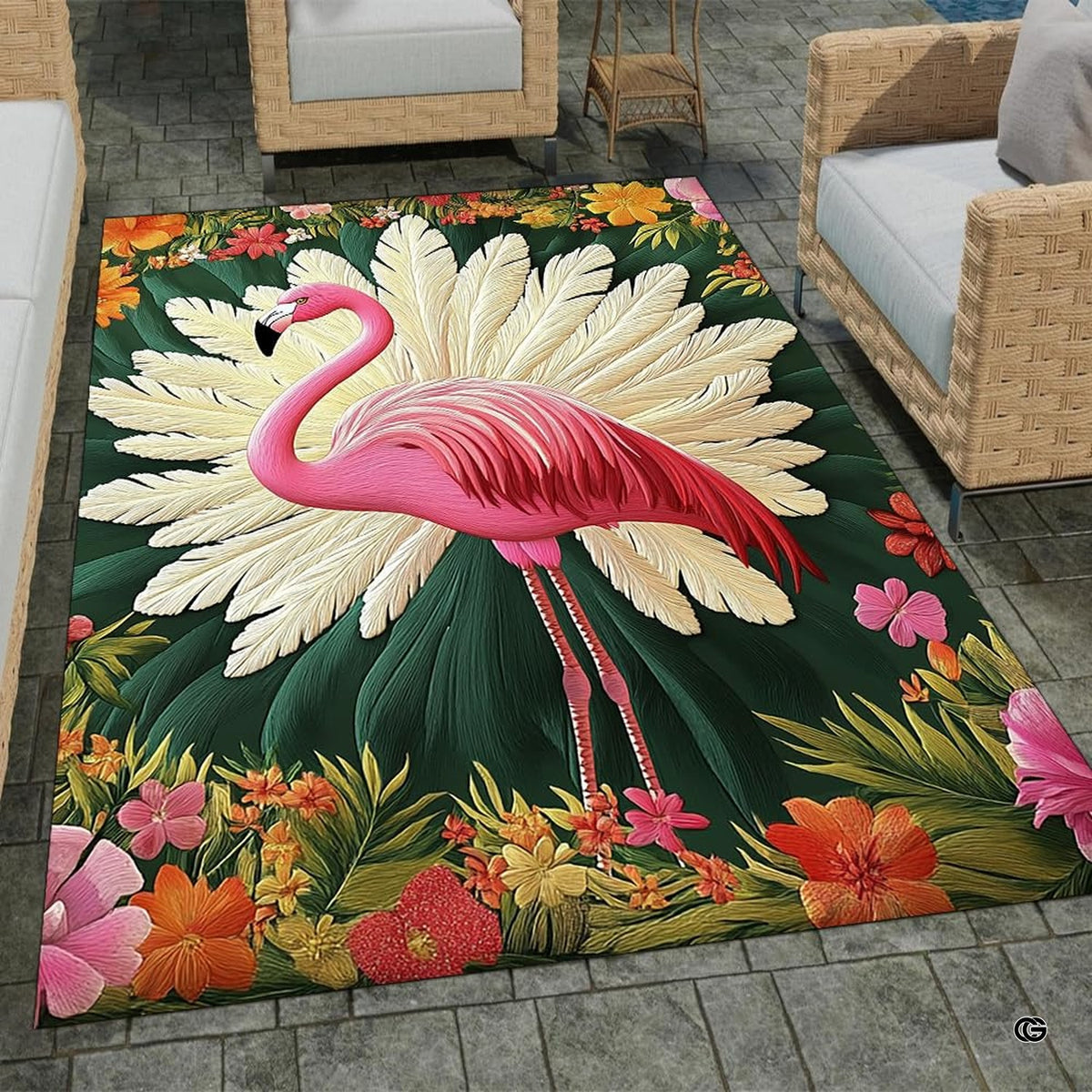 Outdoor patio stone lounge setting displaying the tropical pink flamingo plume area rug - image 7 of 8