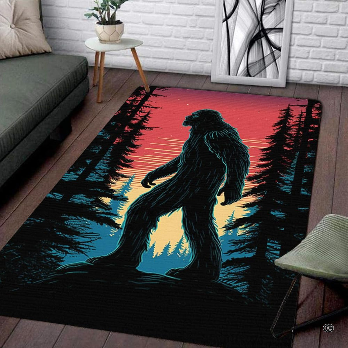Bigfoot vintage forest rug featuring a Sasquatch silhouette walking through pine woods under a sunset gradient. - image 1 of 5
