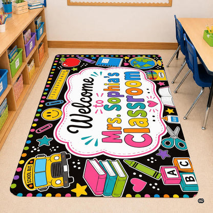Personalized Teacher Classroom Rug, Custom Back to School Welcome Mat with Name, Kindergarten Preschool Elementary Decor, Composition Notebook Carpet (A07)