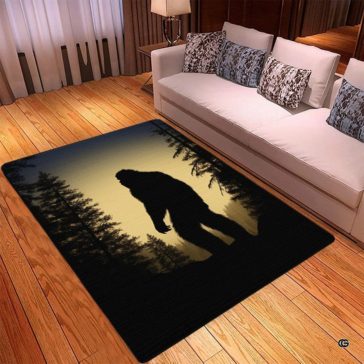 Rustic wilderness Bigfoot pine forest area rug styled under modern wooden living room furniture.