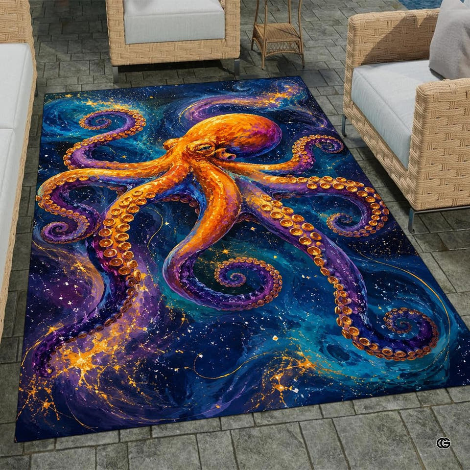 Golden amber cosmic octopus deep sea nebula area rug in primary perspective