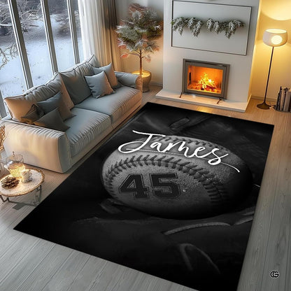 Sports fan cave layout displaying the monochrome baseball rug on hardwood flooring - thumbnail image 5 of 7