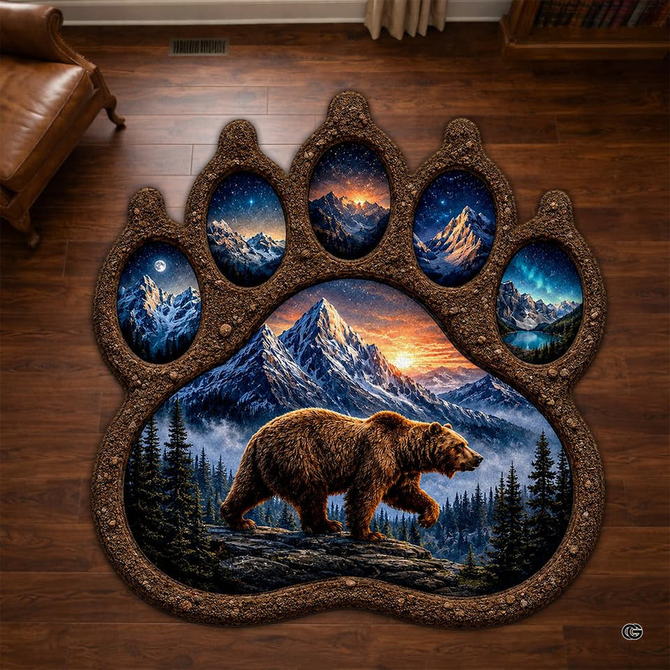 Grizzly bear paw carpet showing alpine pines and mountain peaks in rustic earth tones.