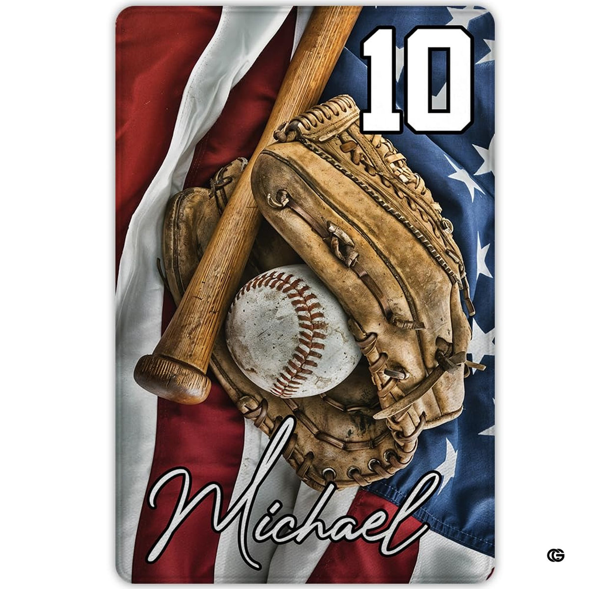 Angled perspective view showcasing the leather baseball glove and flag detail on microfiber