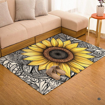 Sunflower mandala area rug placed alongside living room couch and accent furniture. - thumbnail image 7 of 7
