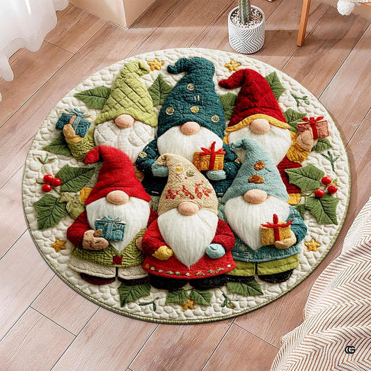 Round Christmas rug with six colorful gnomes, gifts, holly, and stars