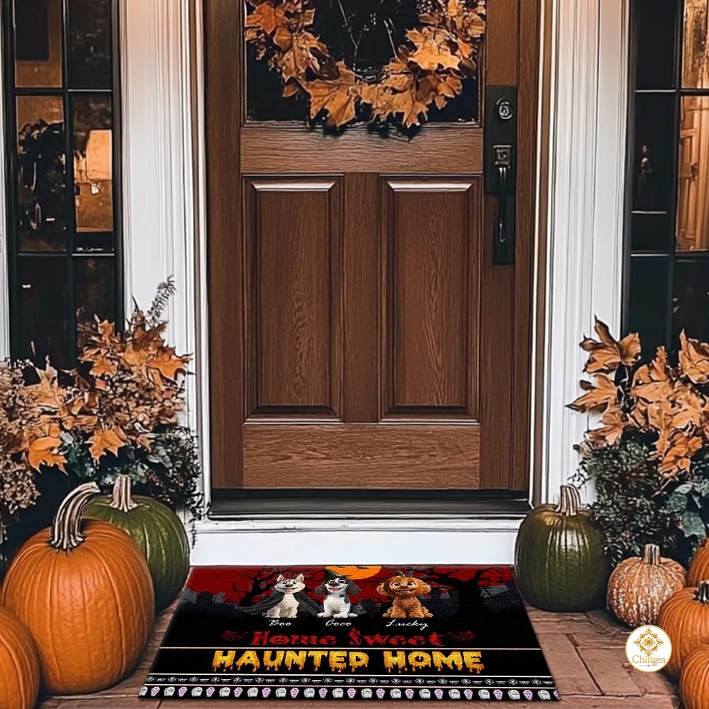 Custom Halloween Dog Doormat with Pumpkin and Bat Details - Style #3