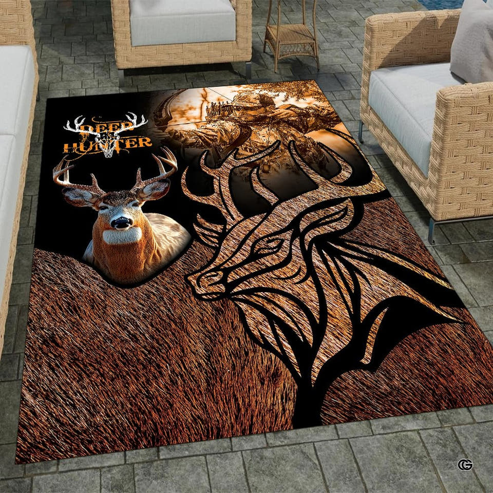 Whitetail buck archery montage illustration rectangular area rug.