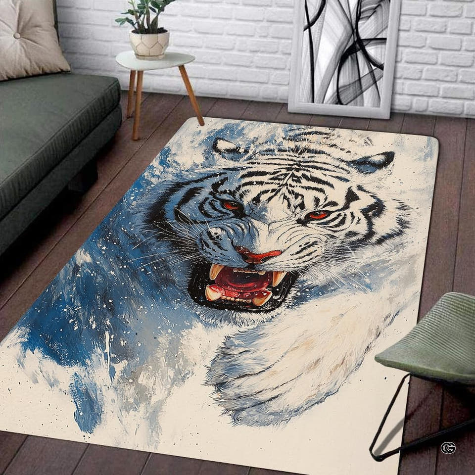 Icy blue watercolor roaring white tiger living room area rug in front of a modern couch
