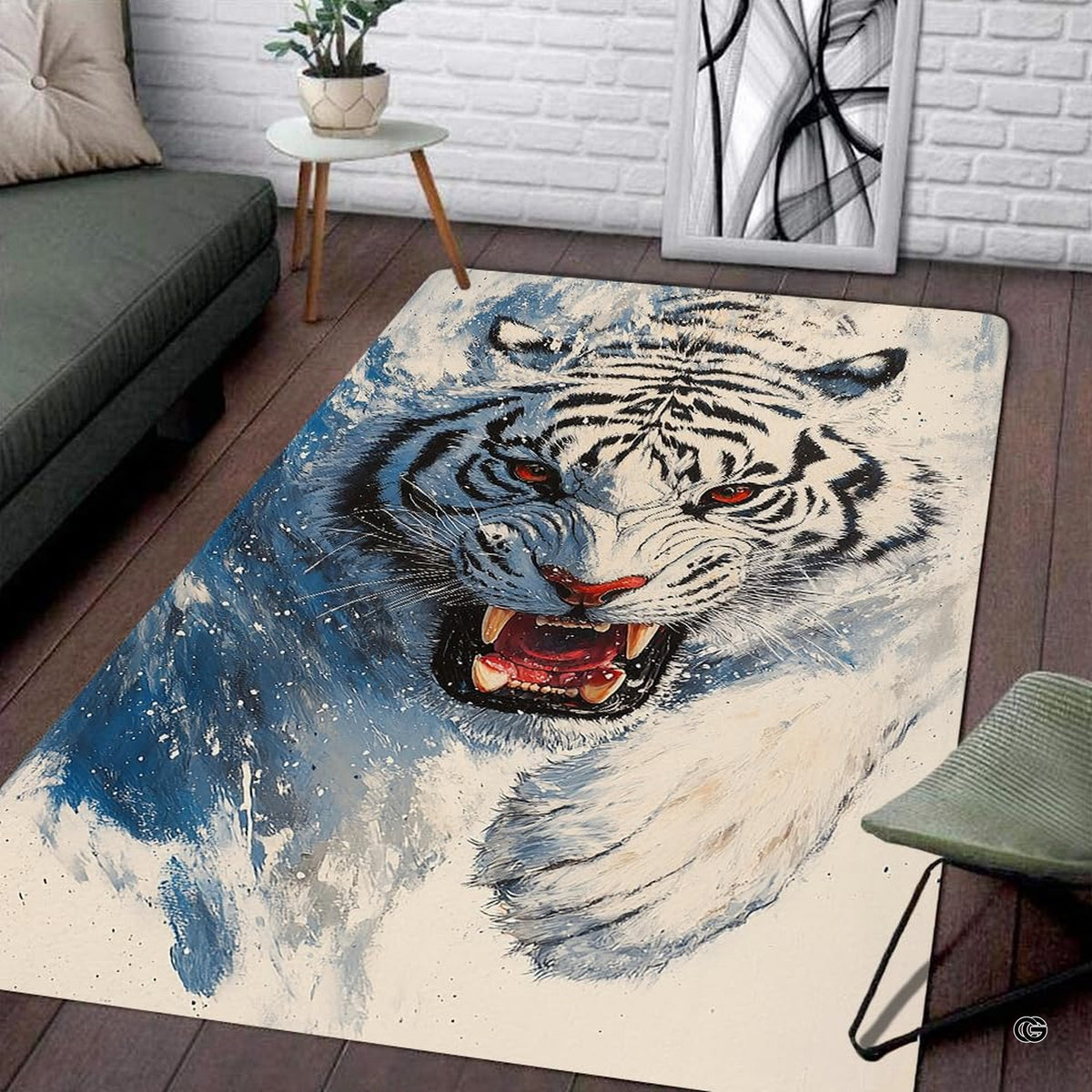 Icy blue watercolor roaring white tiger living room area rug in front of a modern couch