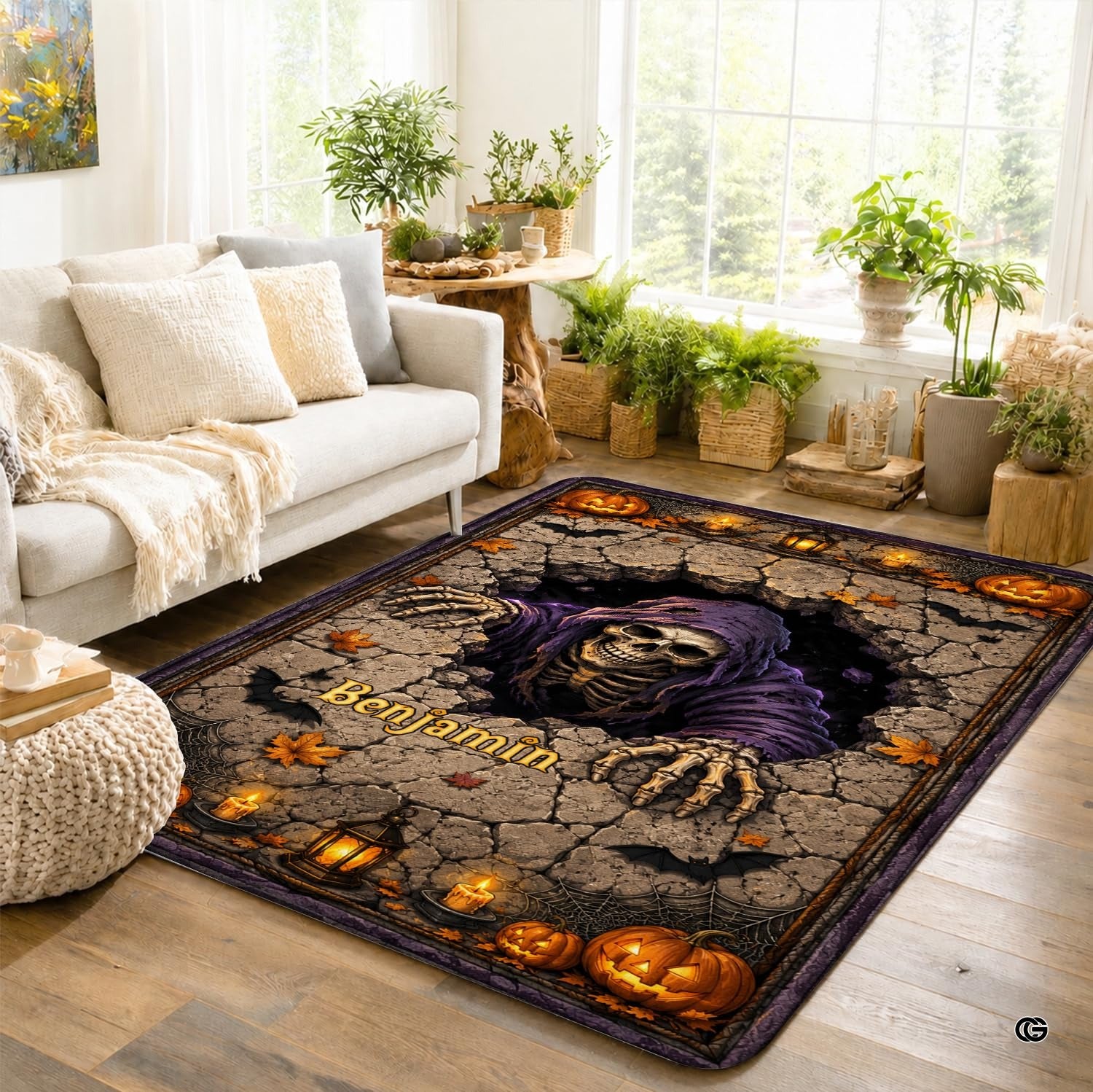Personalized Witch Area Rug with Name - Custom Halloween Rug, Black Cat & Raven Floor Carpet, Spooky Gothic Home Decor, Non Slip Rugs (Style 8)